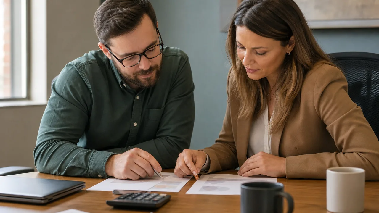 A support lead and a finance manager comparing two printed help desk quotes with a calculator