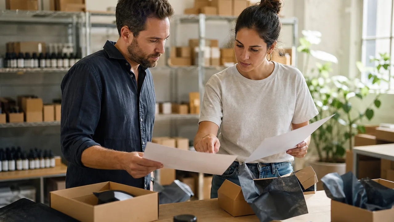 An ecommerce founder and a support lead at a packing table with shipping boxes comparing two help desk quotes on paper