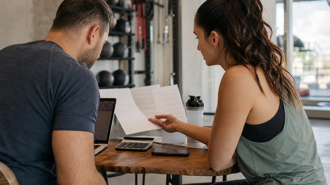 Two gym co-owners at a lobby table comparing two software quotes on paper and a laptop