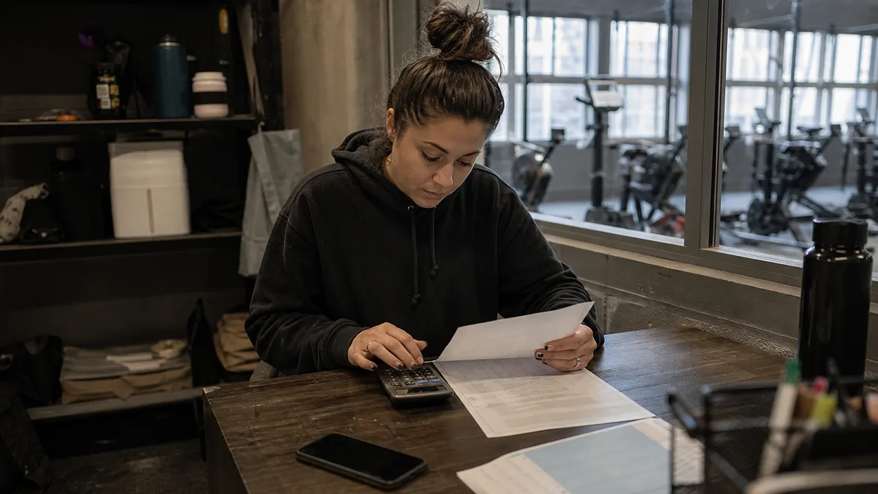 CrossFit box owner in a small back office weighing two monthly gym software costs with a calculator