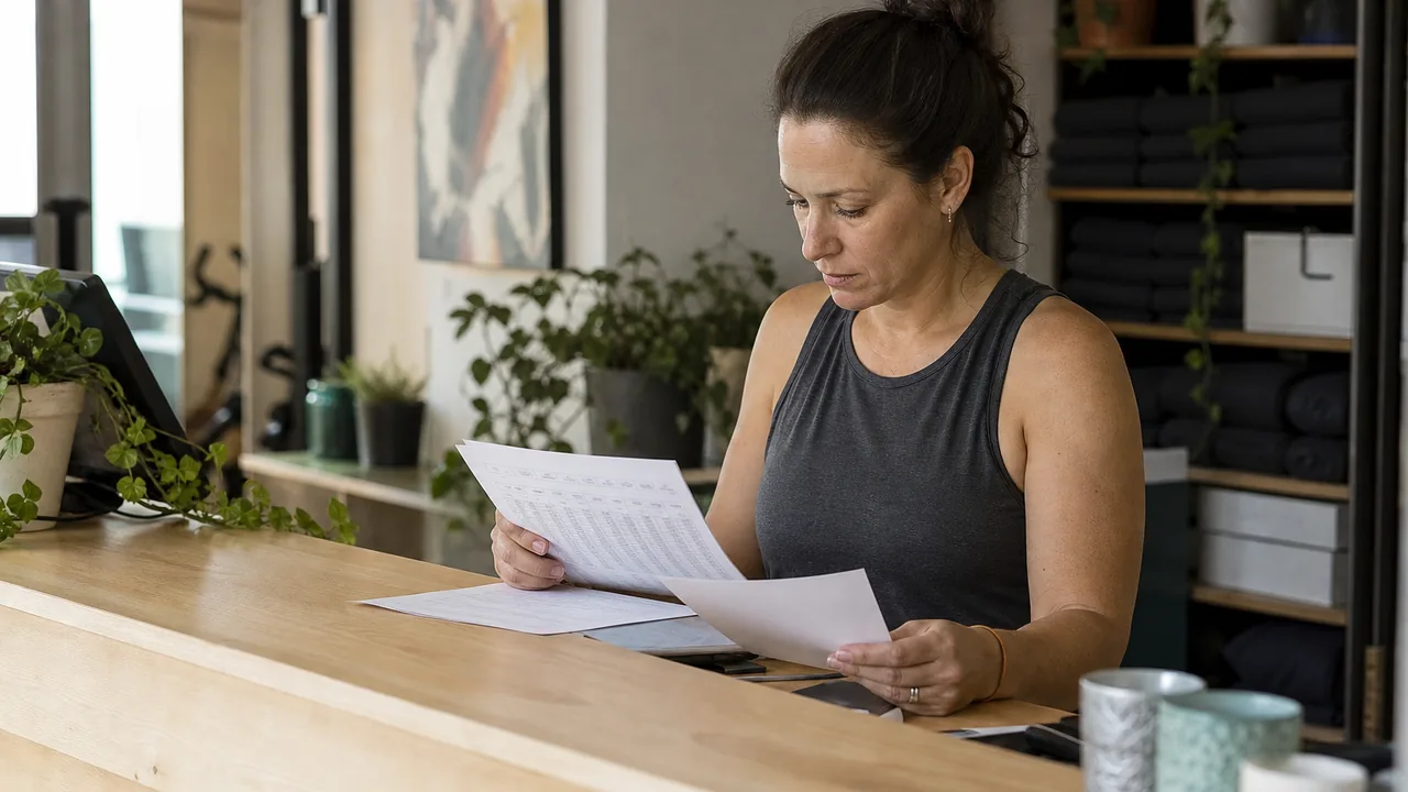Yoga and fitness studio owner at a reception counter comparing a member list with a monthly software invoice