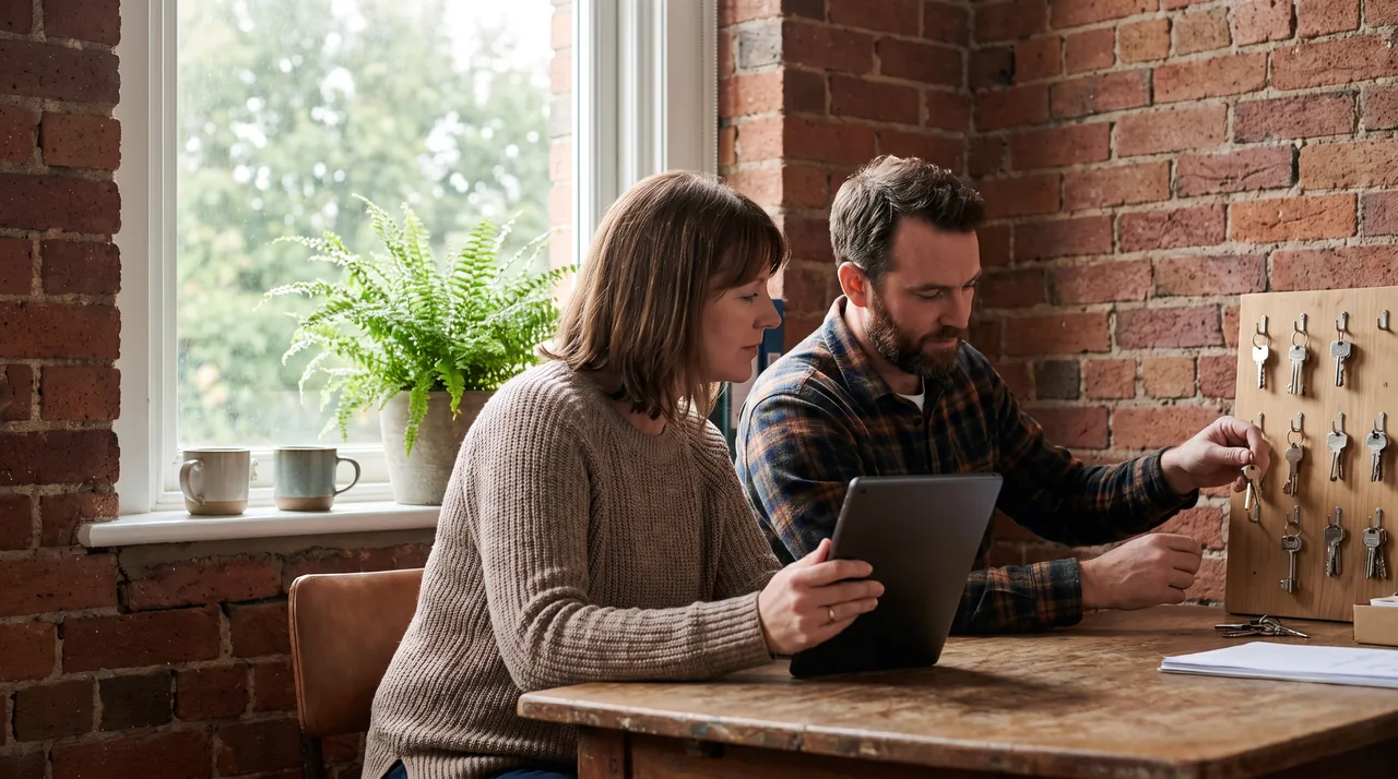 Small property management office with two adults reviewing rental keys and a tablet at a shared desk