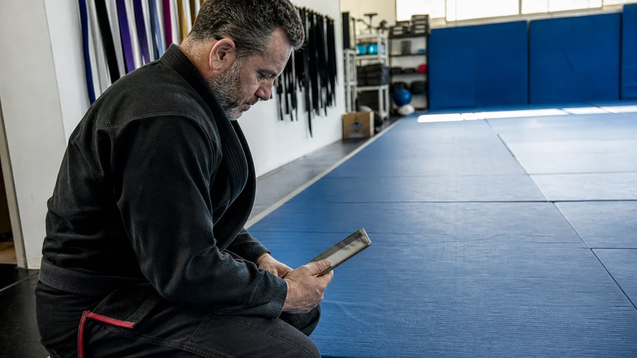 Martial arts academy owner kneeling at the edge of the mats and reviewing a tablet before an adult class