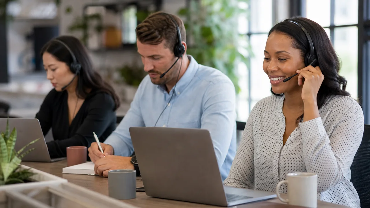Three support agents with headsets handling customer conversations at a long shared office desk
