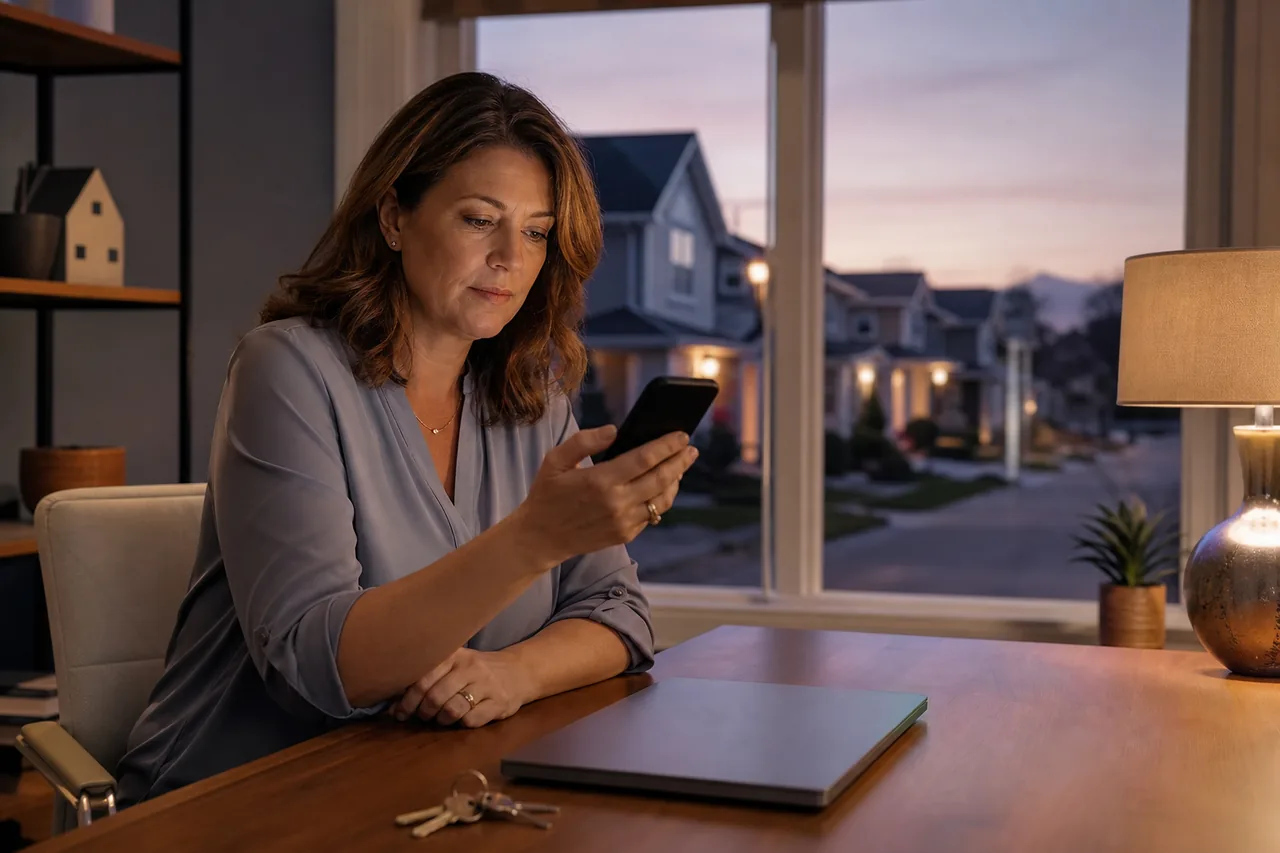 Property manager at a home office desk answering a renter text on a phone beside a laptop at dusk