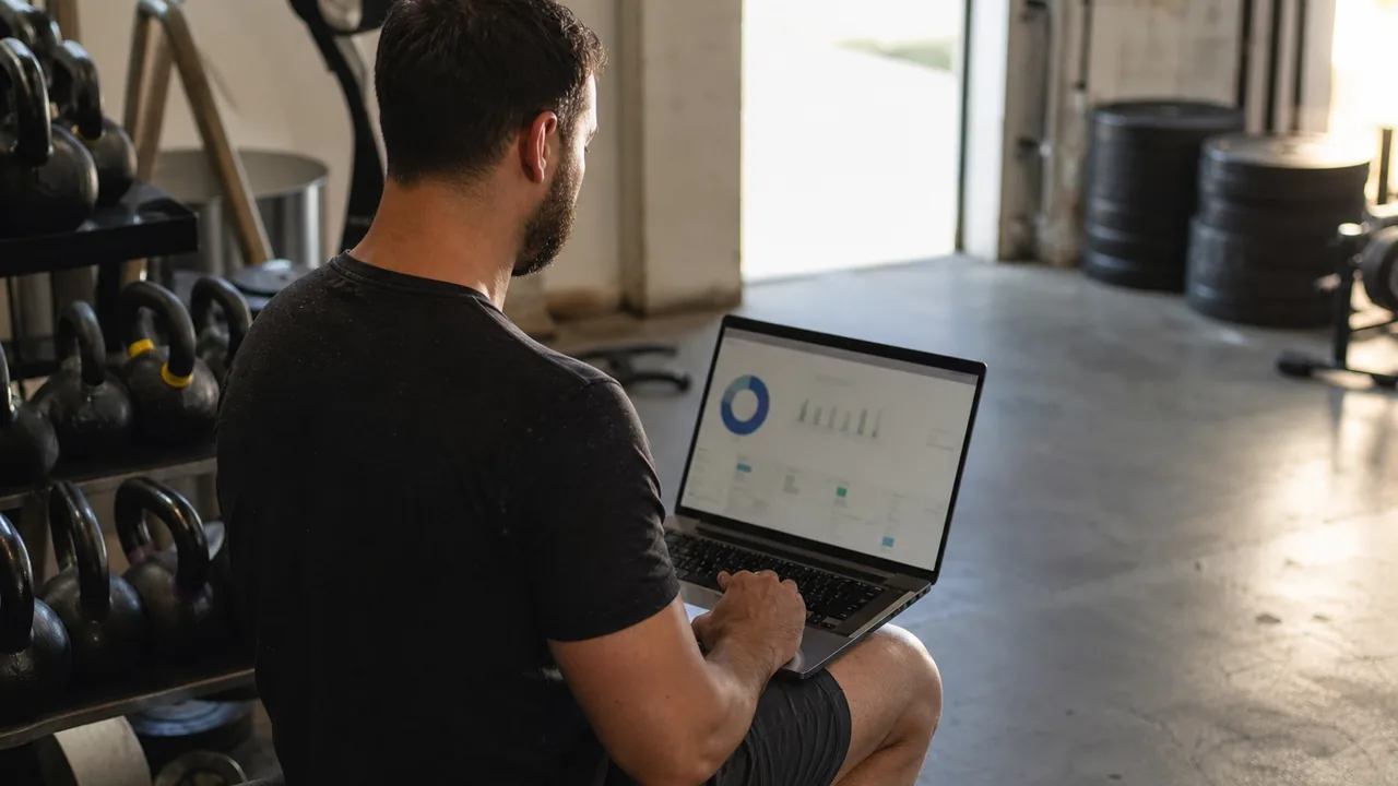 Strength gym owner at a laptop beside a rack of kettlebells, reviewing monthly membership payments