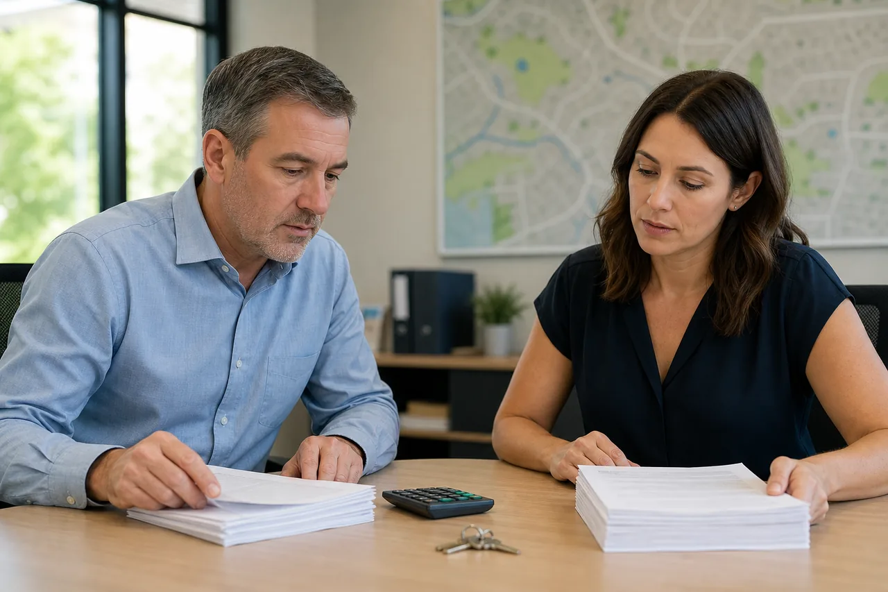 Two property managers comparing printed software quotes at a conference table in a small office
