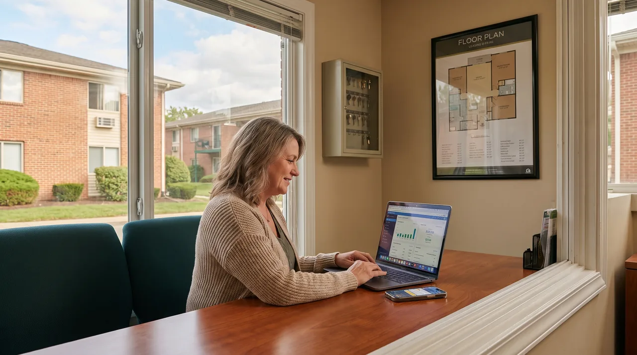Property manager at a leasing office desk with a laptop and a phone full of prospect text messages